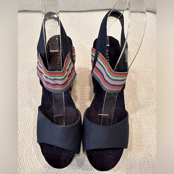 New Madden Girl Feliciti Navy Blue & Multicolor Wedge Sandals w Cork Bases~7.5 - Picture 2 of 14